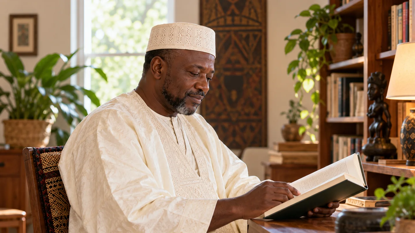 Homme en tenue ivoire lisant dans un intérieur lumineux