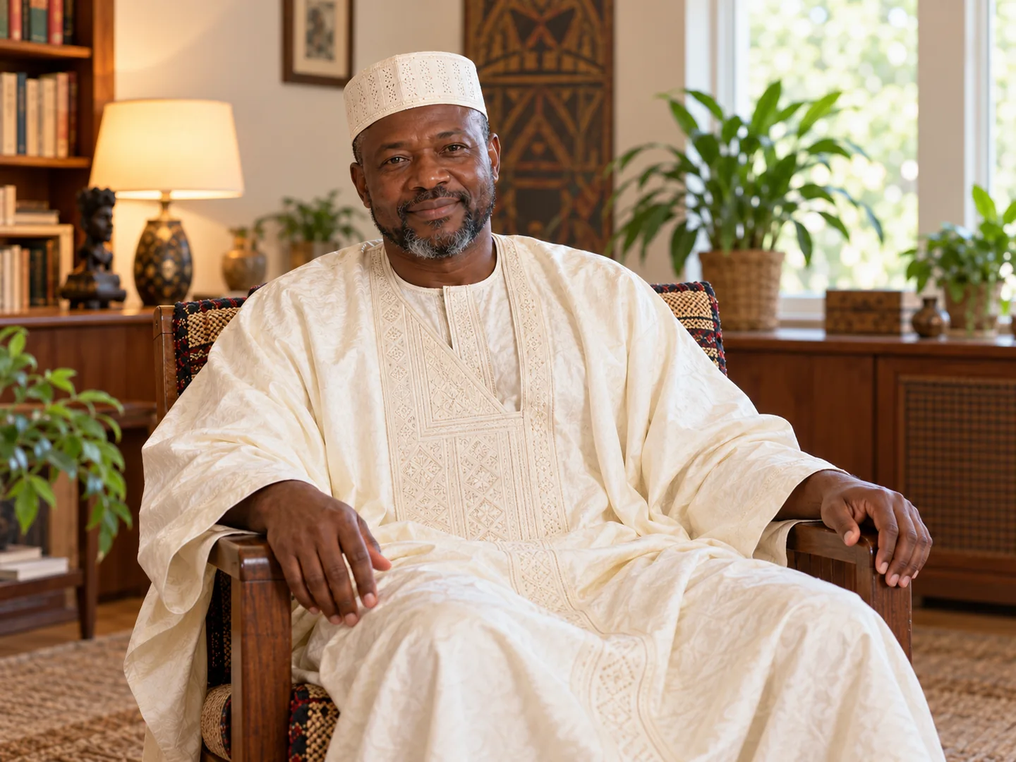 Portrait d’un homme en tenue ivoire dans un intérieur chaleureux
