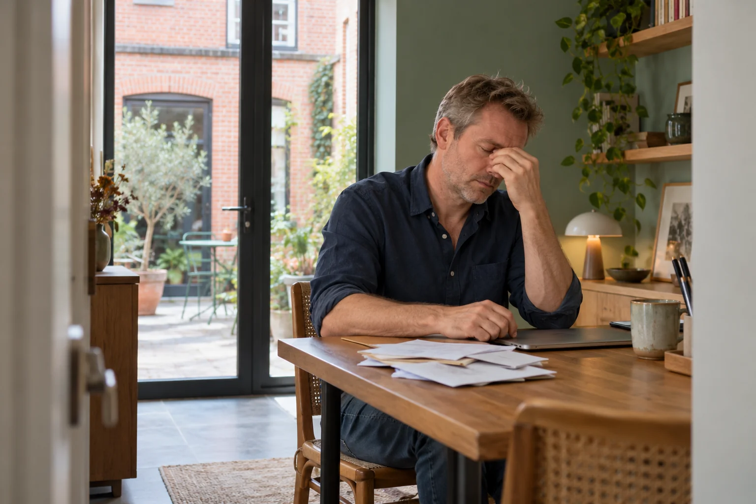 Homme assis à un bureau, les yeux fermés et une main sur le visage